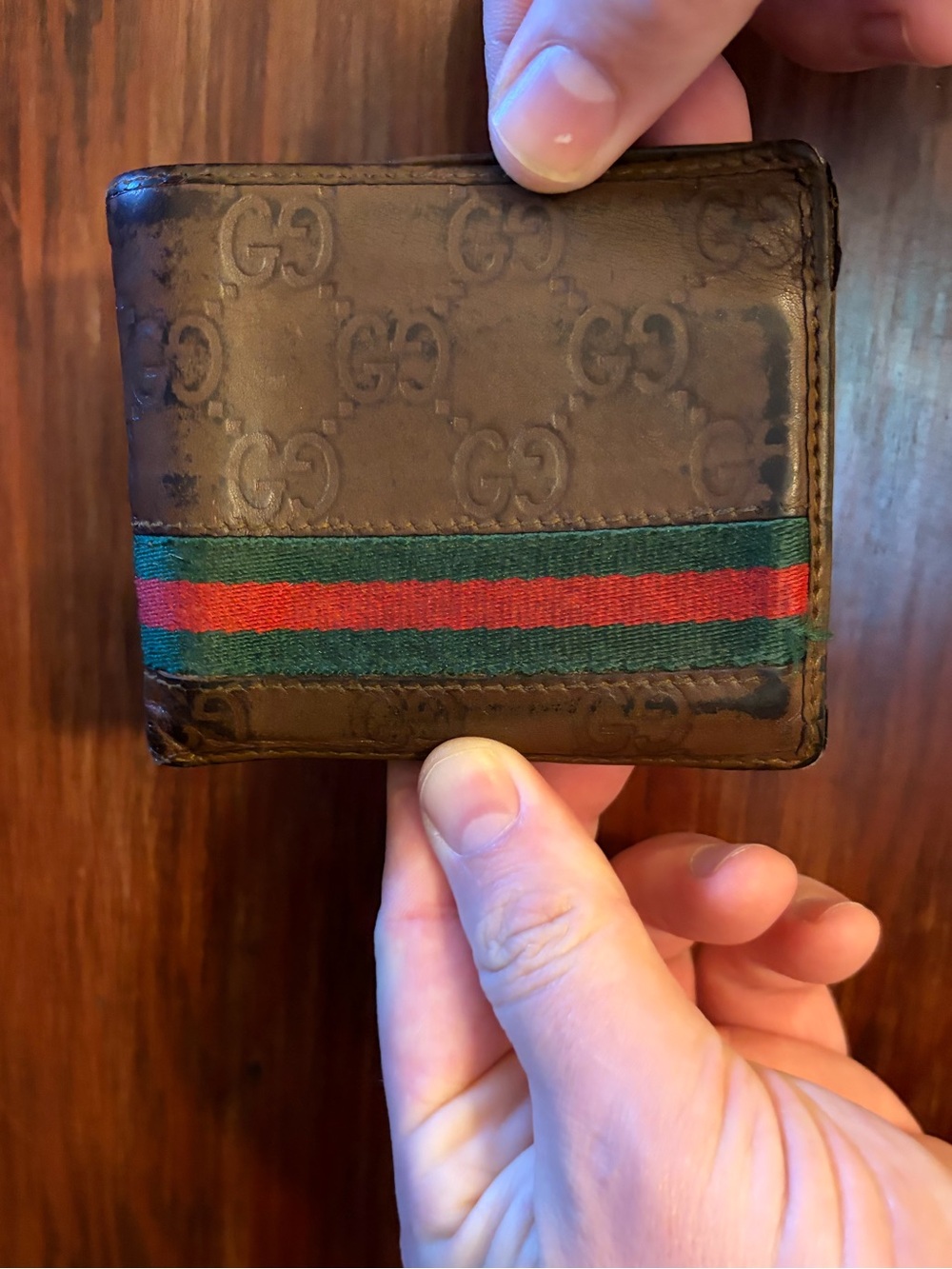 Men’s Gucci Brown GG Canvas Card Holder with Green and Red Web Stripe